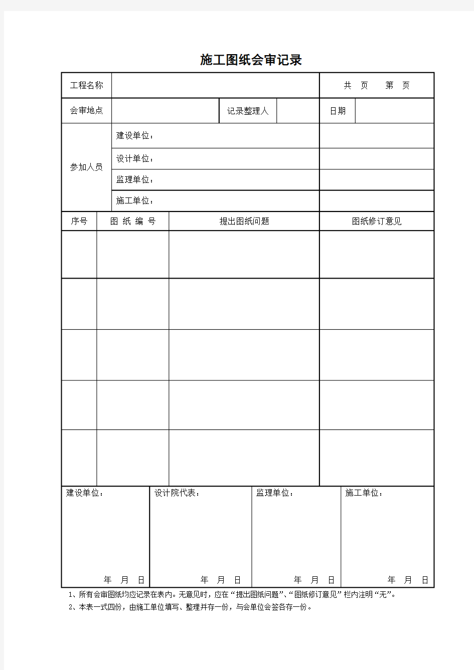 图纸会审记录表格(样本)