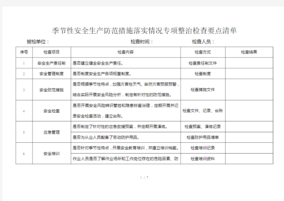 季节性安全生产防范措施落实情况专项整治检查要点清单