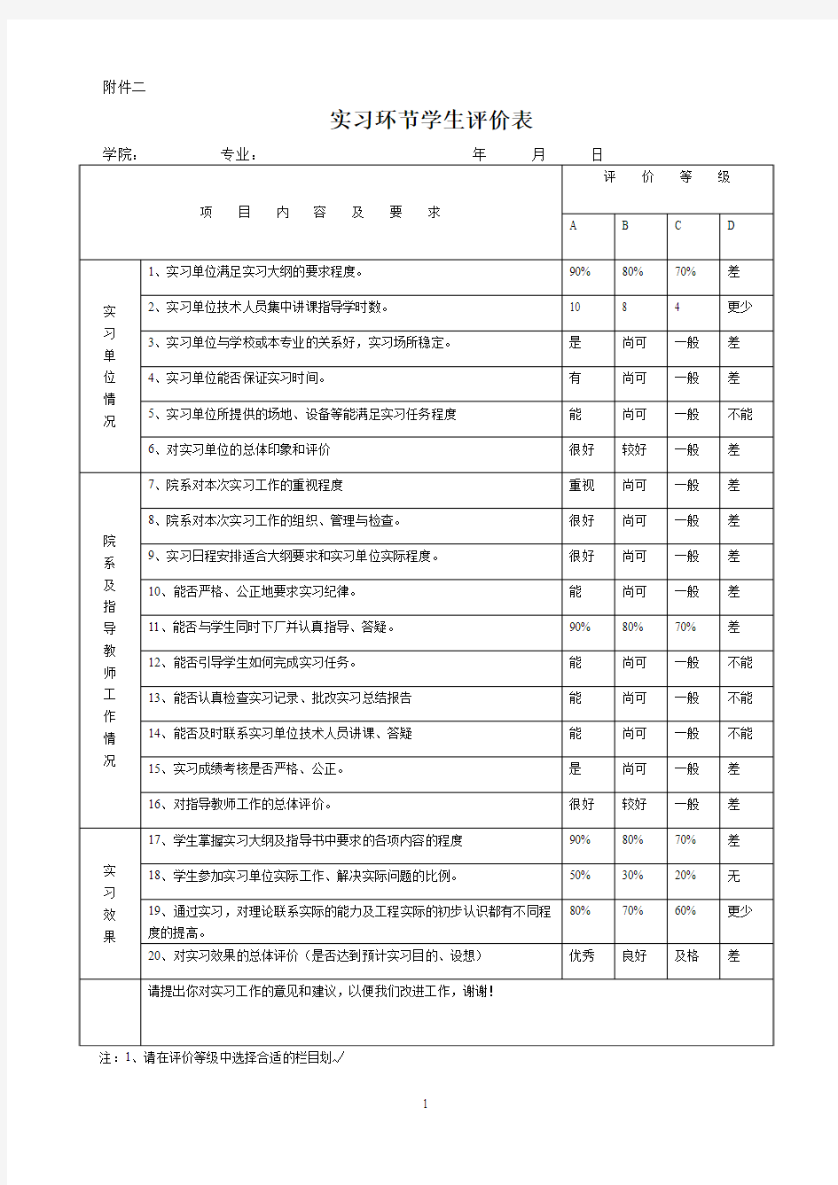 实习环节学生评价表