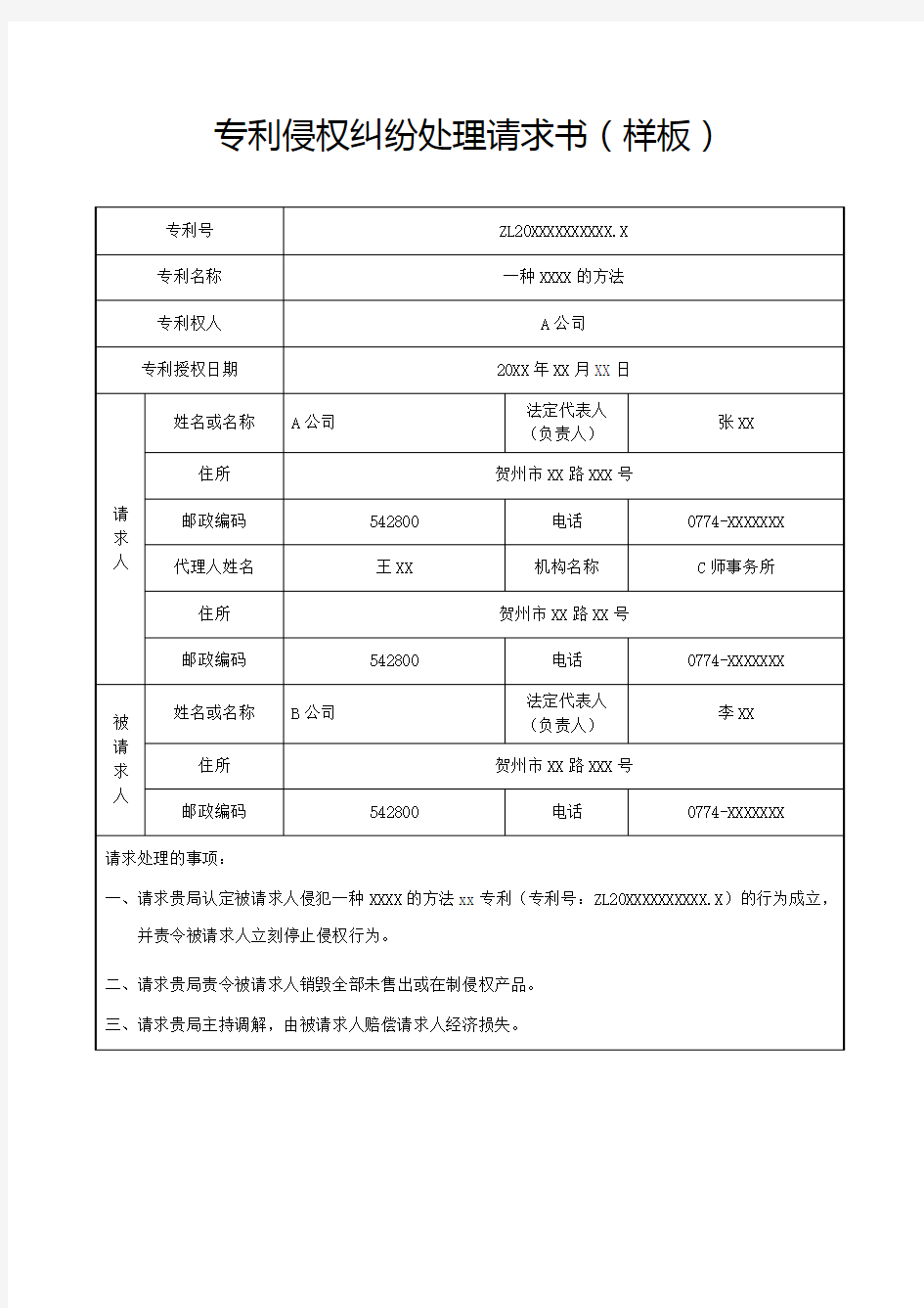 专利侵权纠纷处理请求书样板