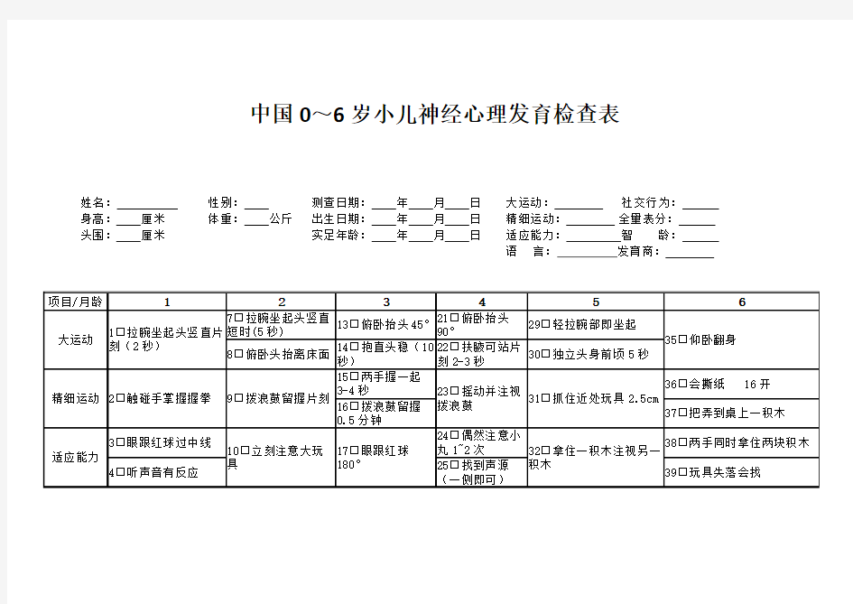 中国0-6岁小儿神经心理发育检测表(量表)