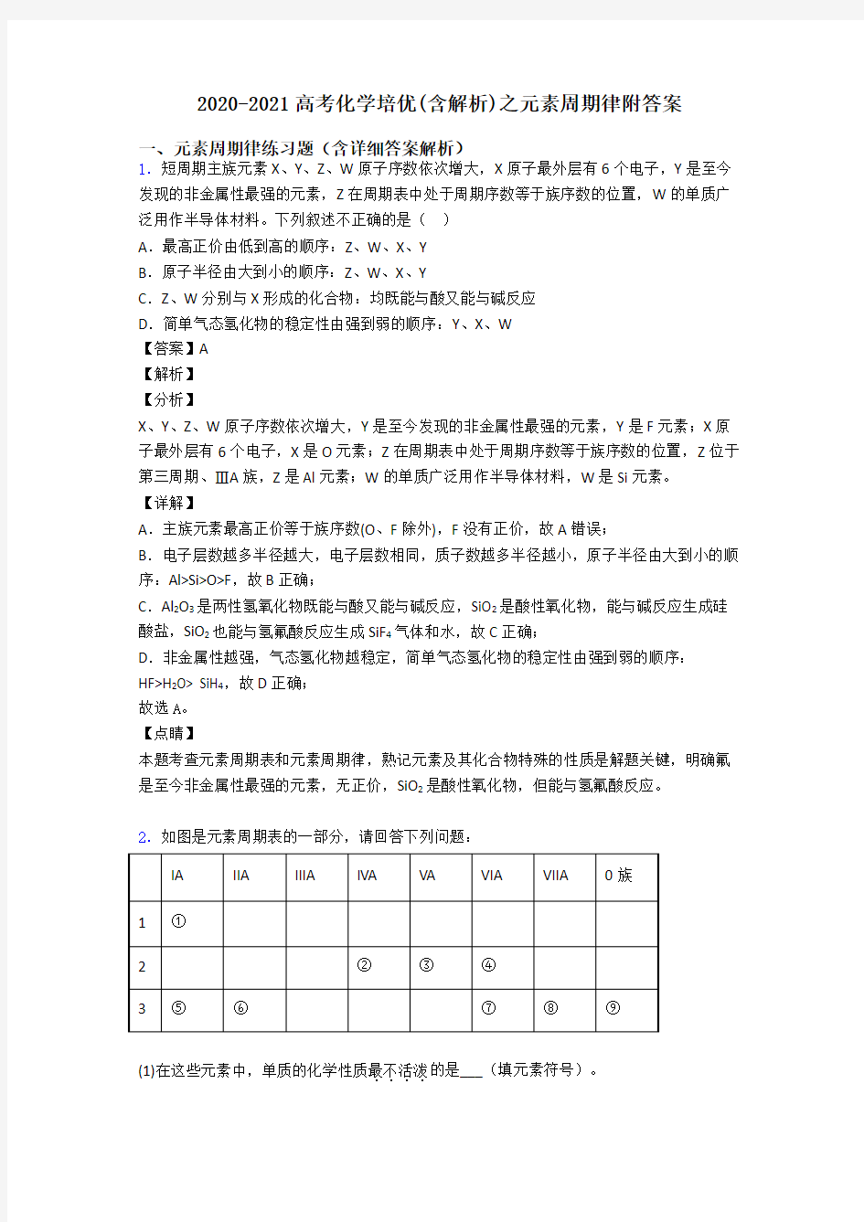 2020-2021高考化学培优(含解析)之元素周期律附答案