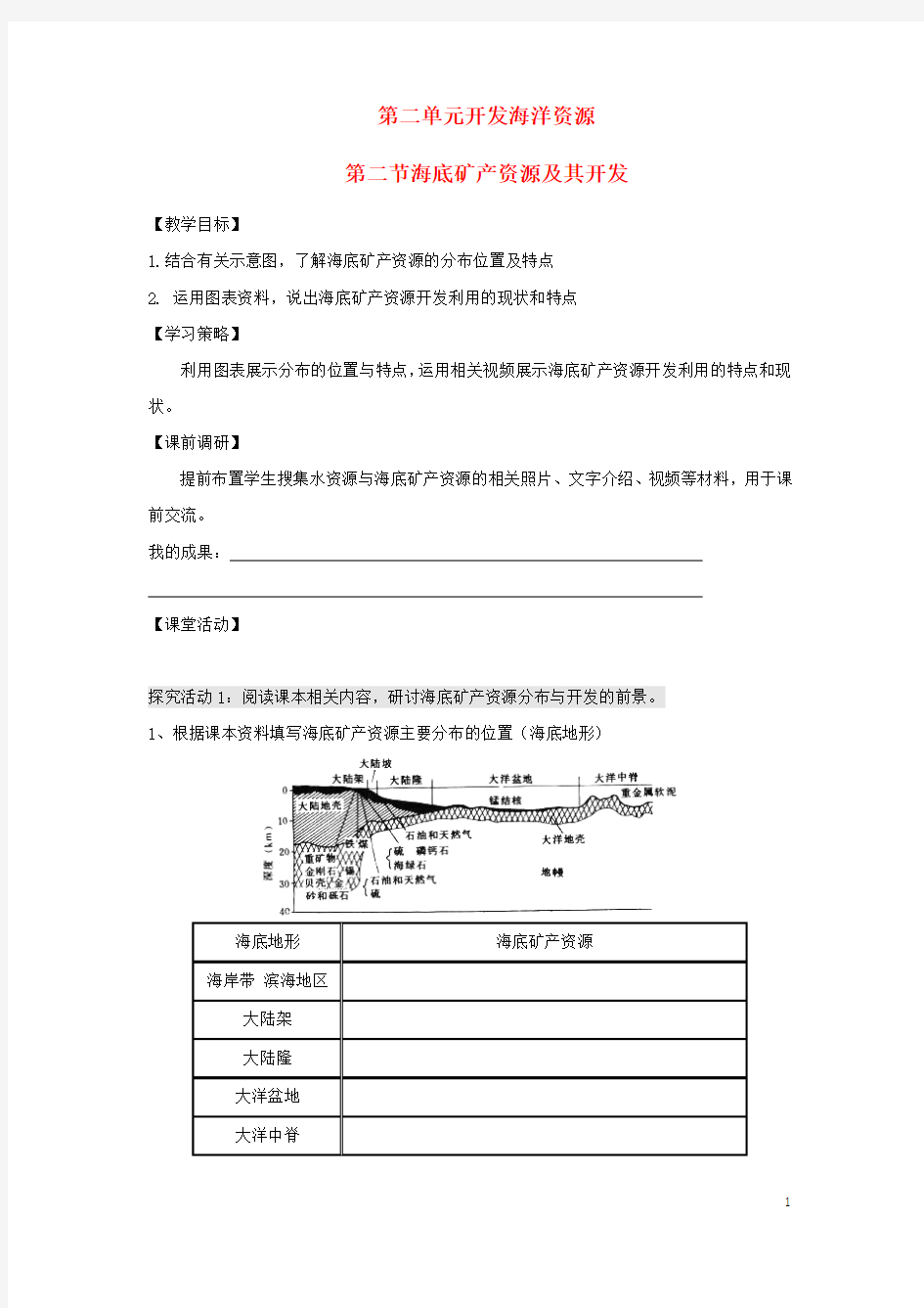 江苏省扬州市高中地理第二单元开发海洋资源2.2海底矿产资源及其开发学案(无答案)鲁教版选修2