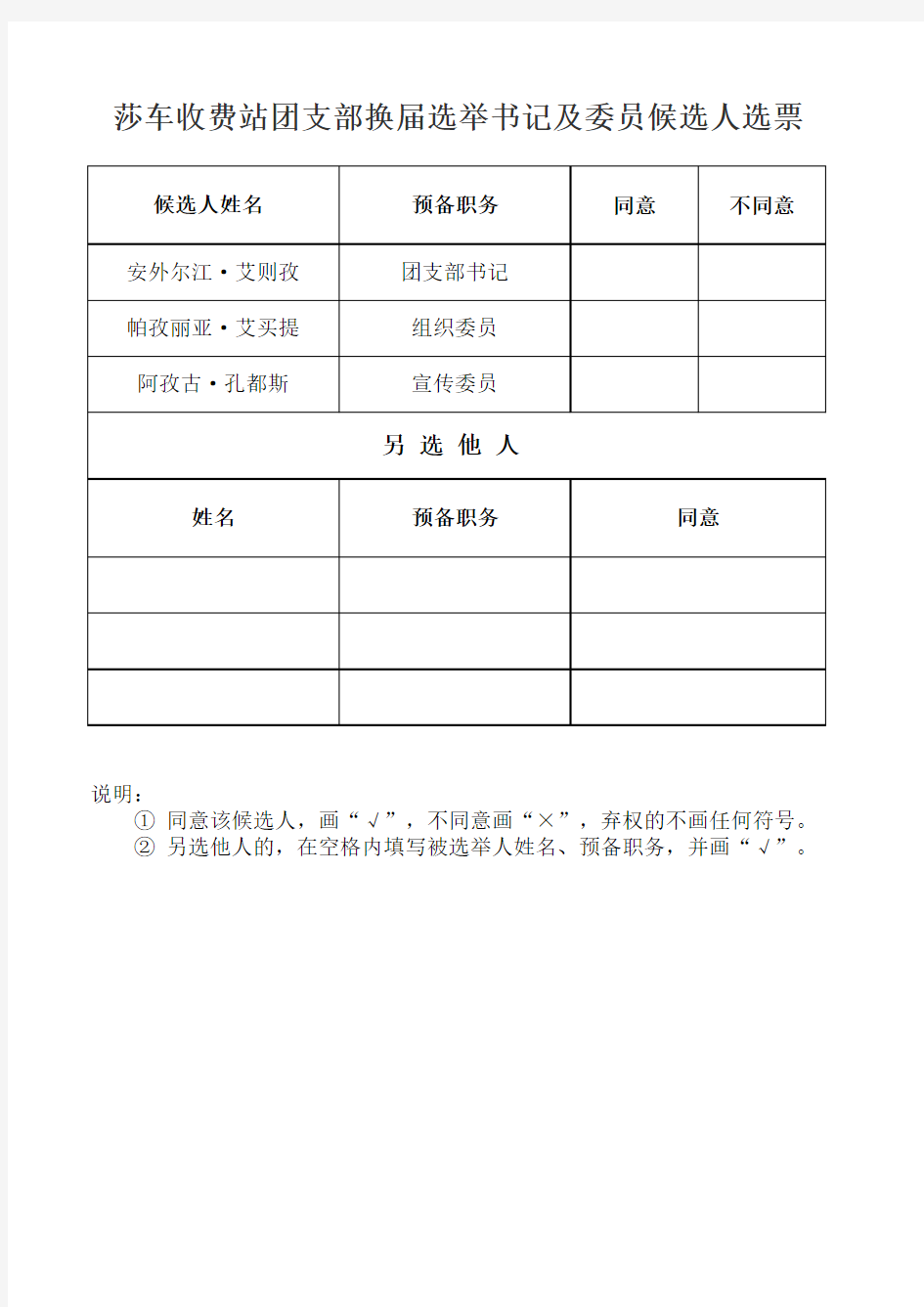 莎车收费站团支部换届选举书记及委员候选人选票