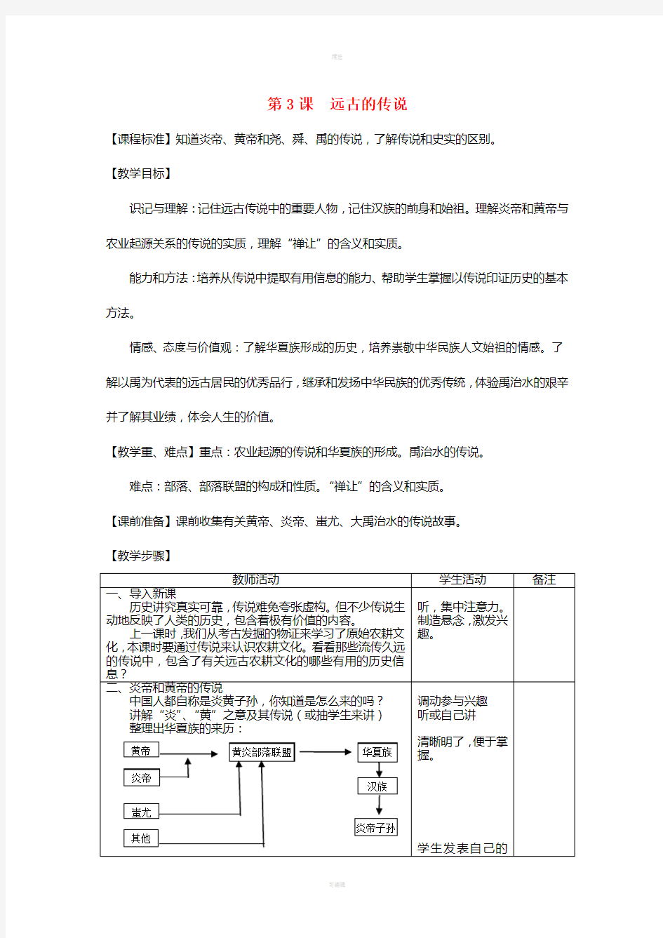 七年级历史上册 第3课 远古的传说教案 新人教版