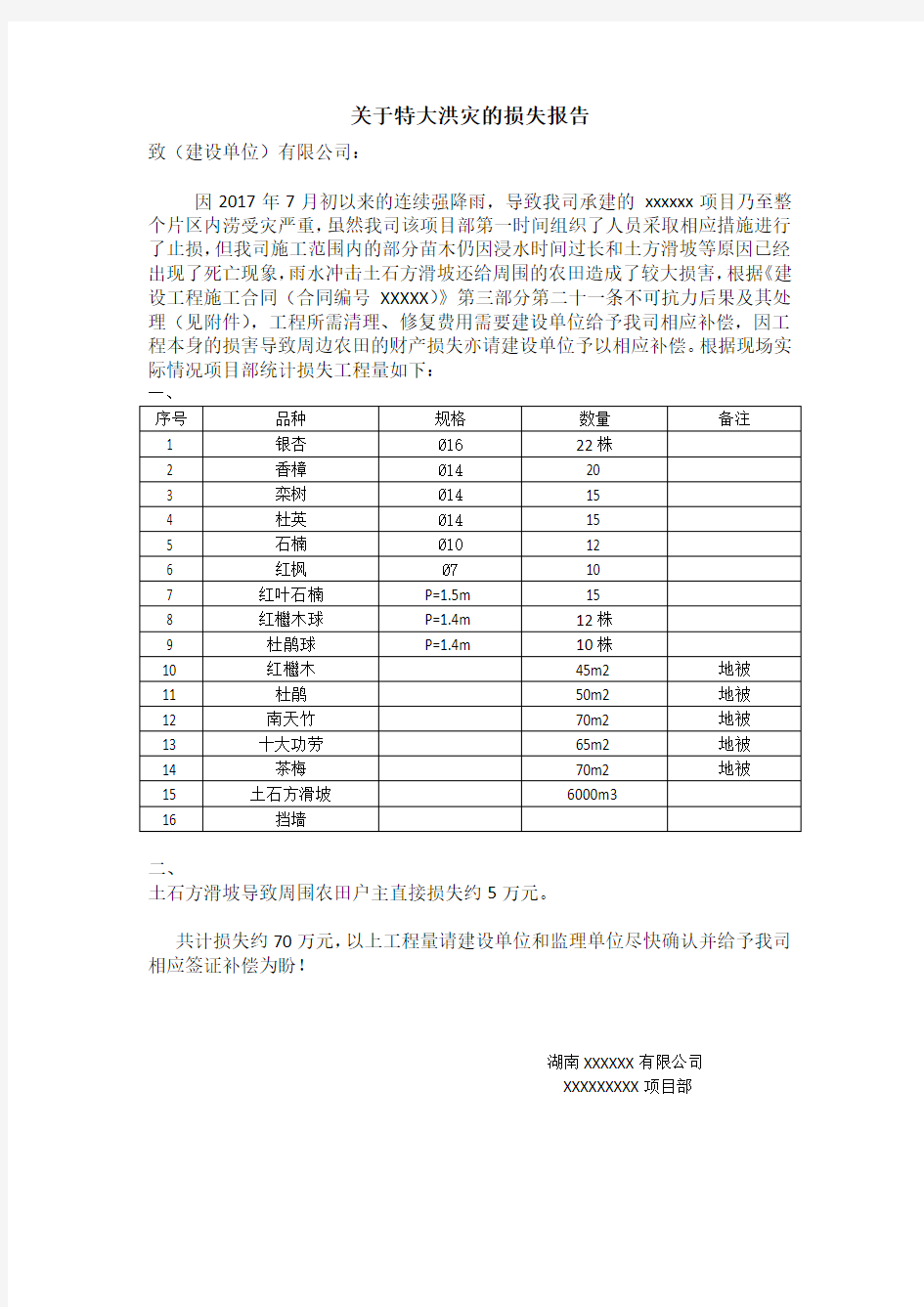 洪涝灾害损失报告