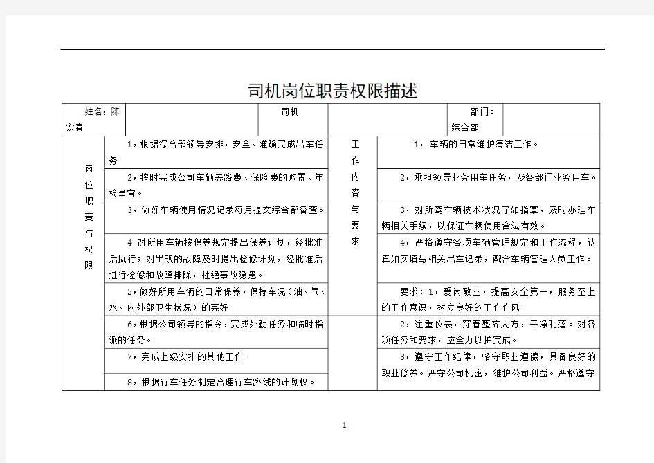 司机岗位职责权限描述
