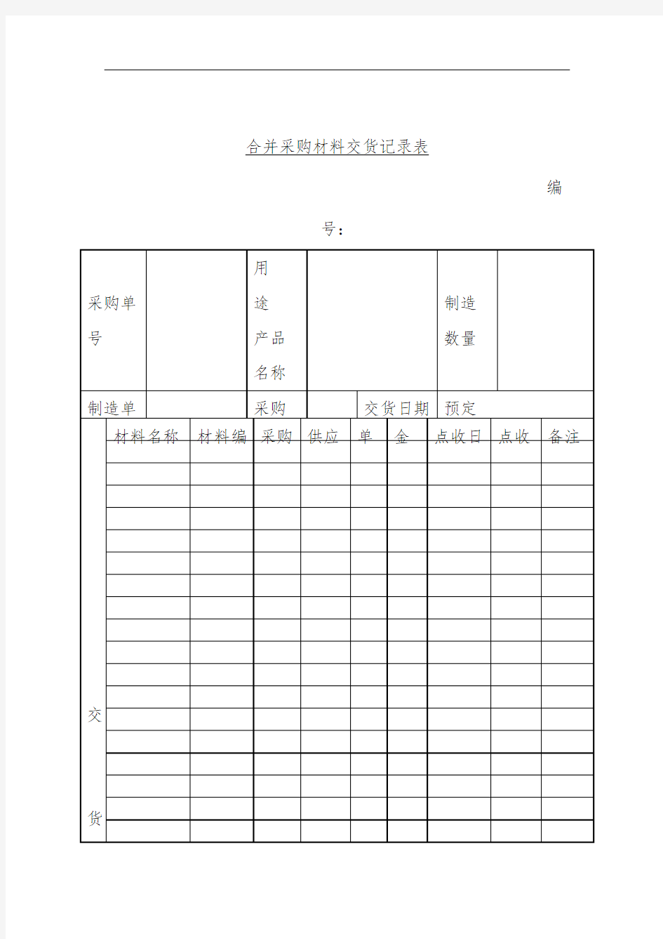 企业合并采购材料交货记录表