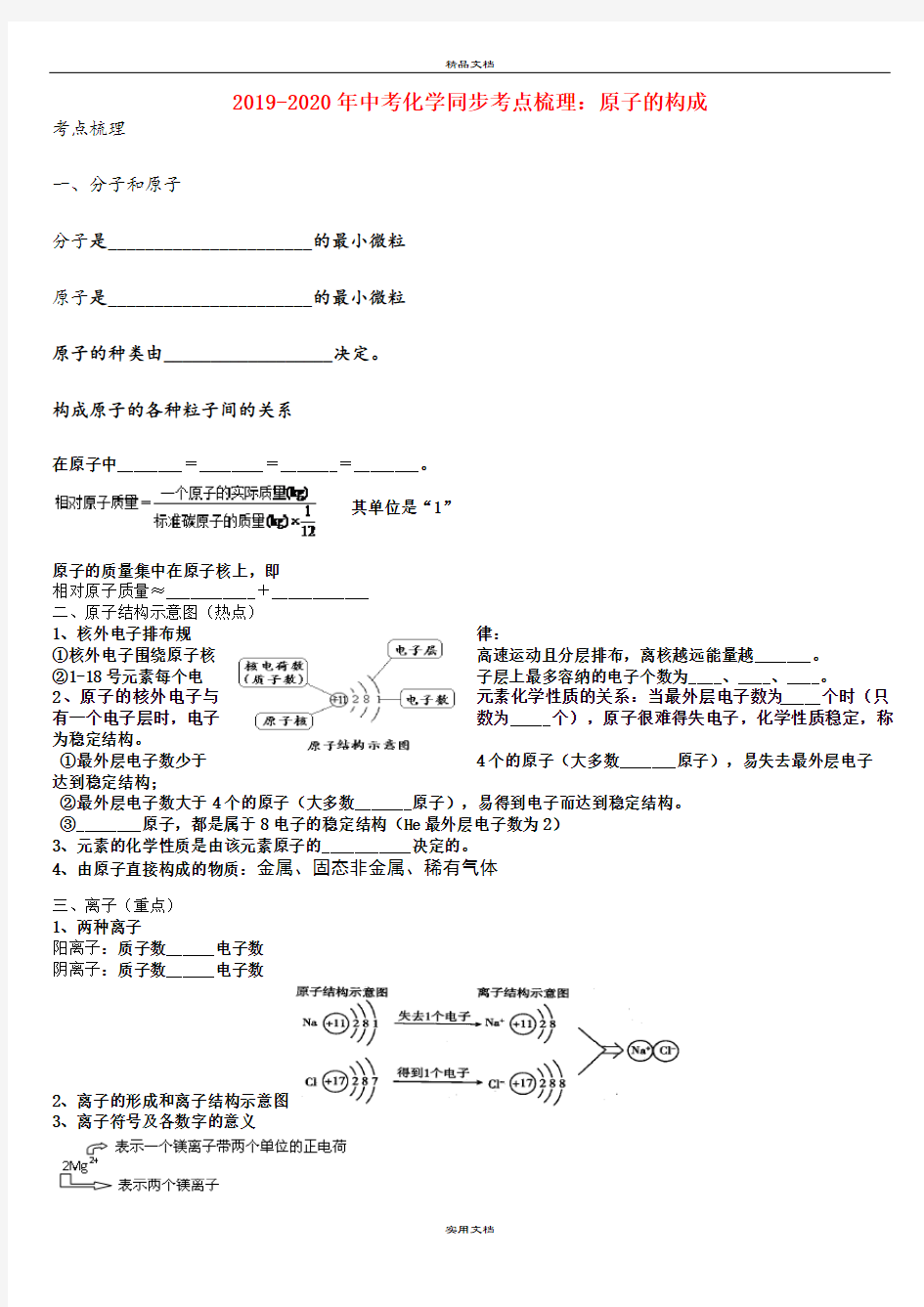 中考化学同步考点梳理：原子的构成