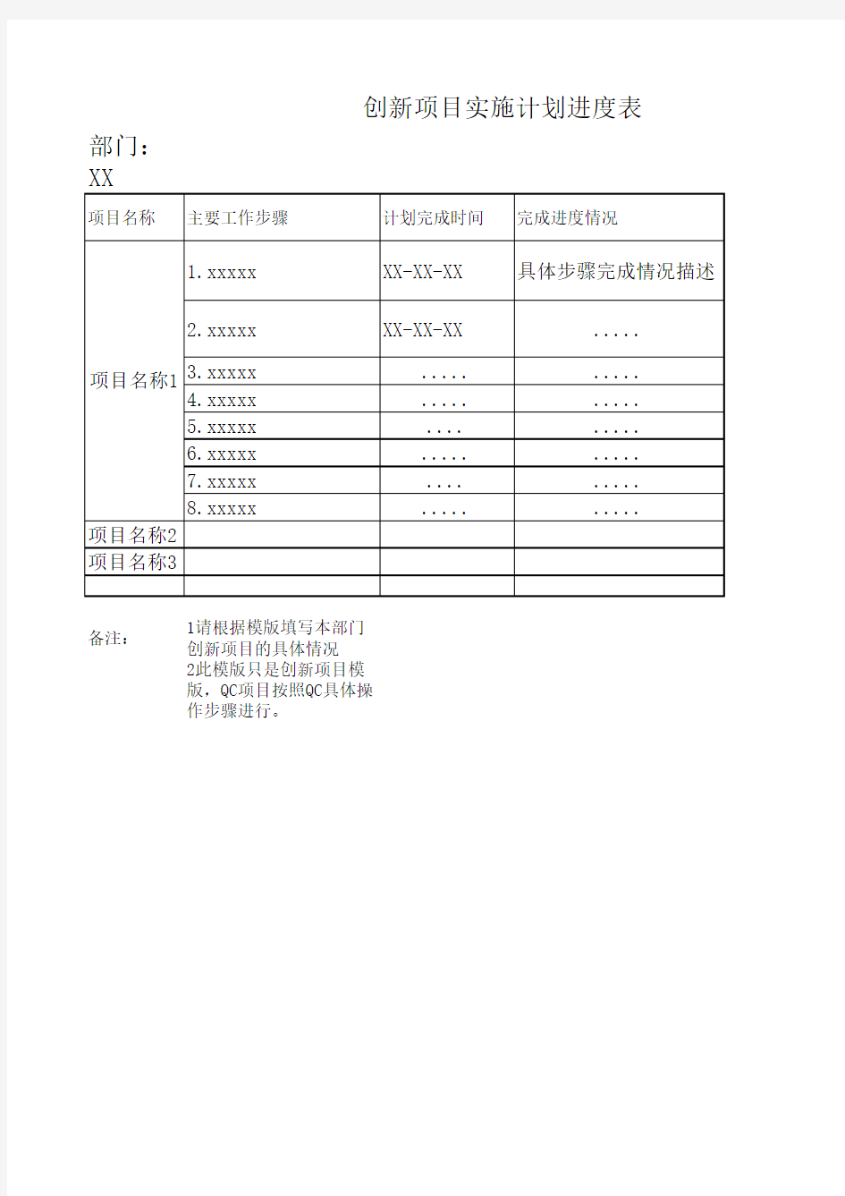 创新项目实施计划进度表模板