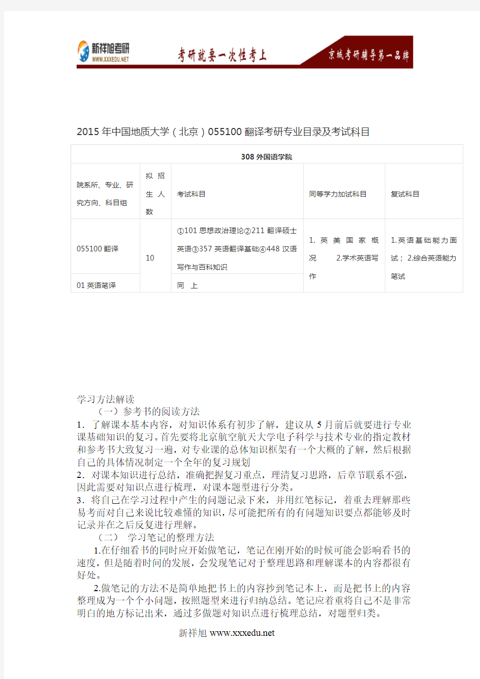 2016年中国地质大学(北京)055100翻译考研专业目录及考试科目
