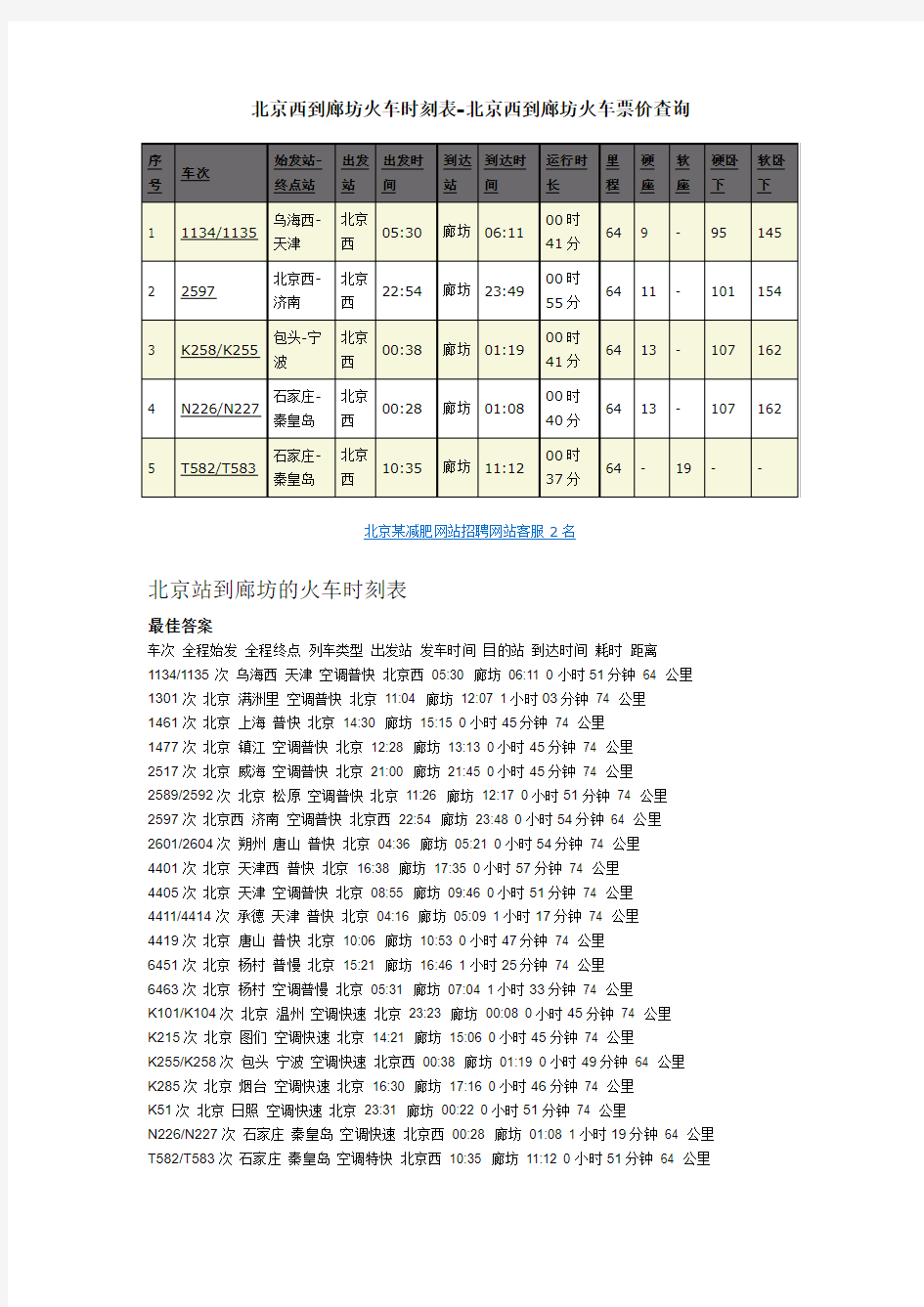 北京西到廊坊火车时刻表