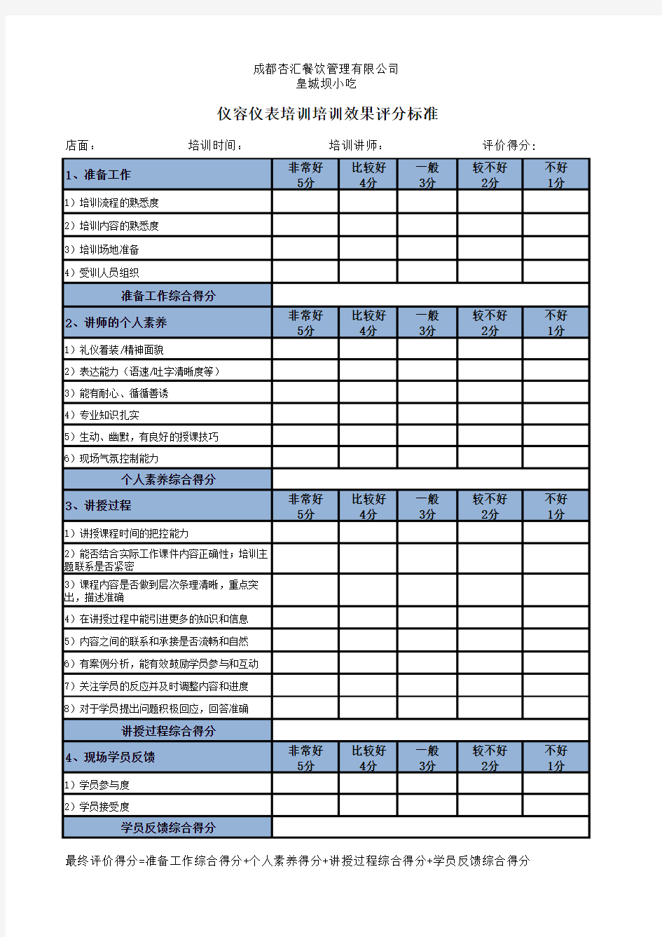 培训效果评分标准