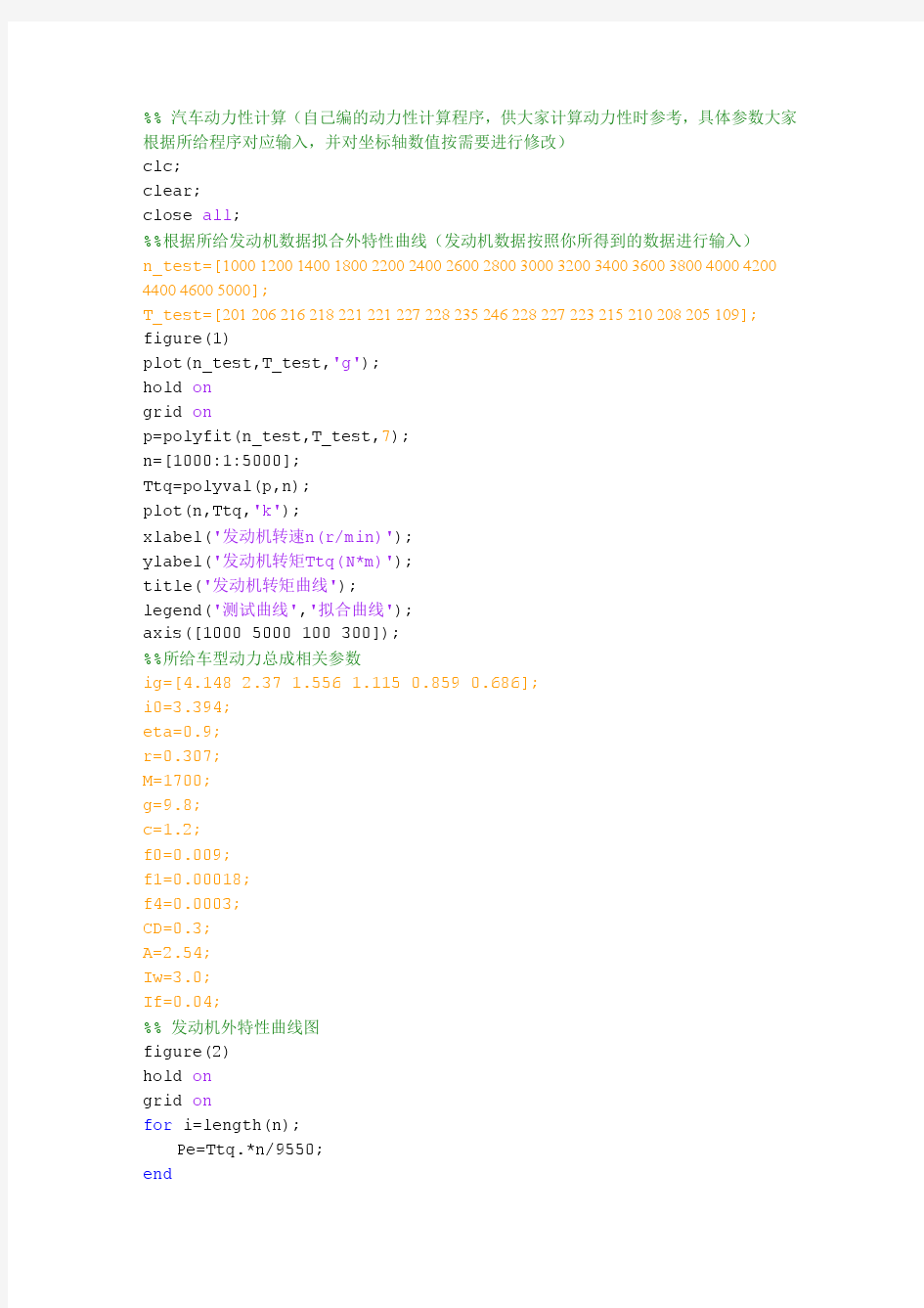 matlab计算汽车动力性经济性(已编好程序)