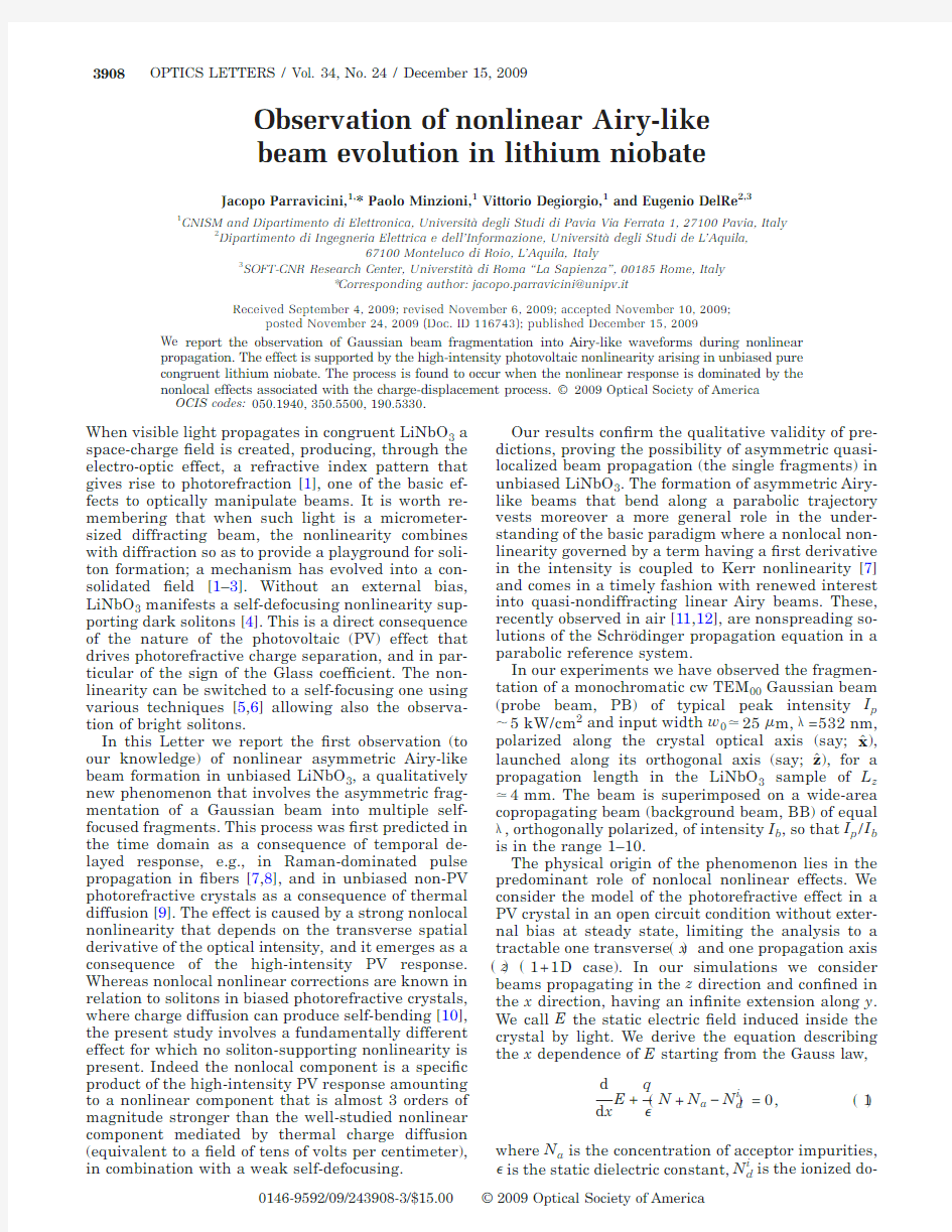 (2009)Observation of nonlinear Airy-like beam evolution in lithium niobate