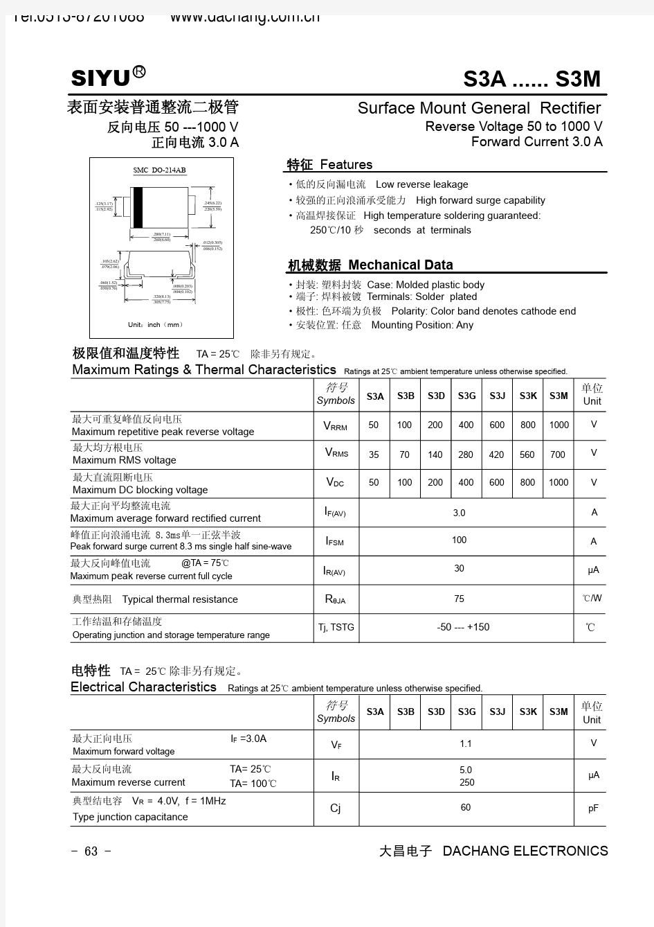 表面安装普通整流二极管参数S3A--S3M