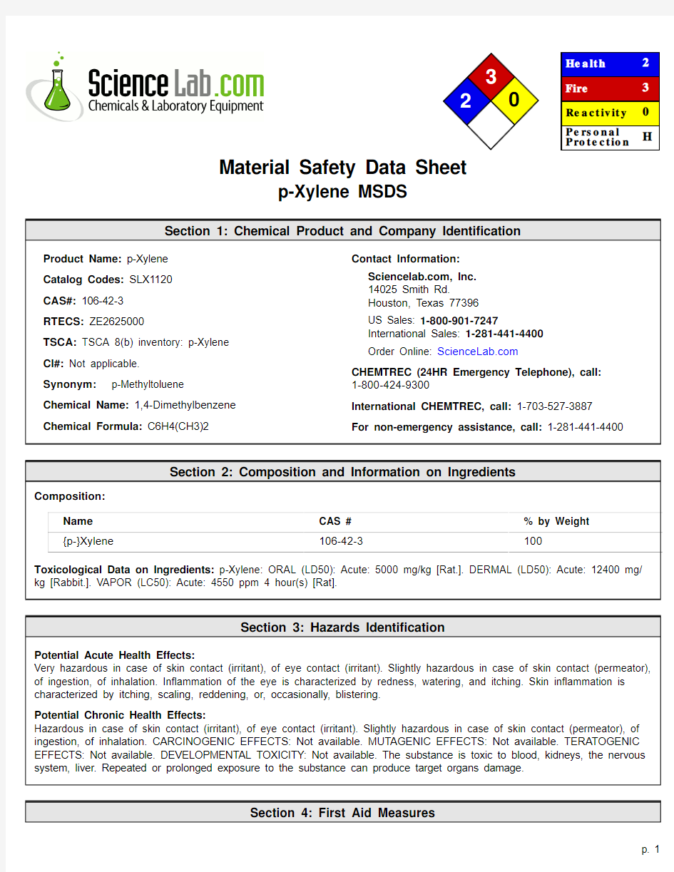 Material Safety Data Sheet p-Xylene MSDS