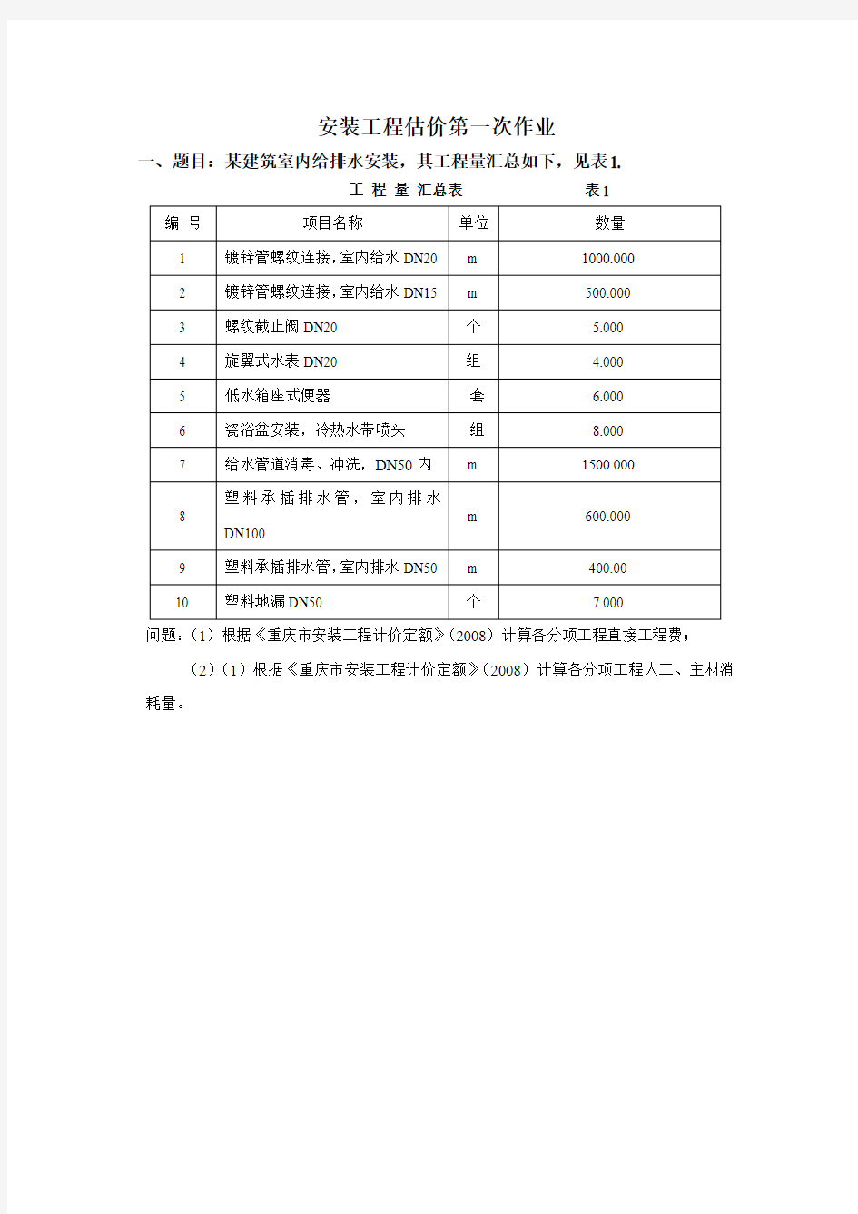 安装工程估价作业(1)