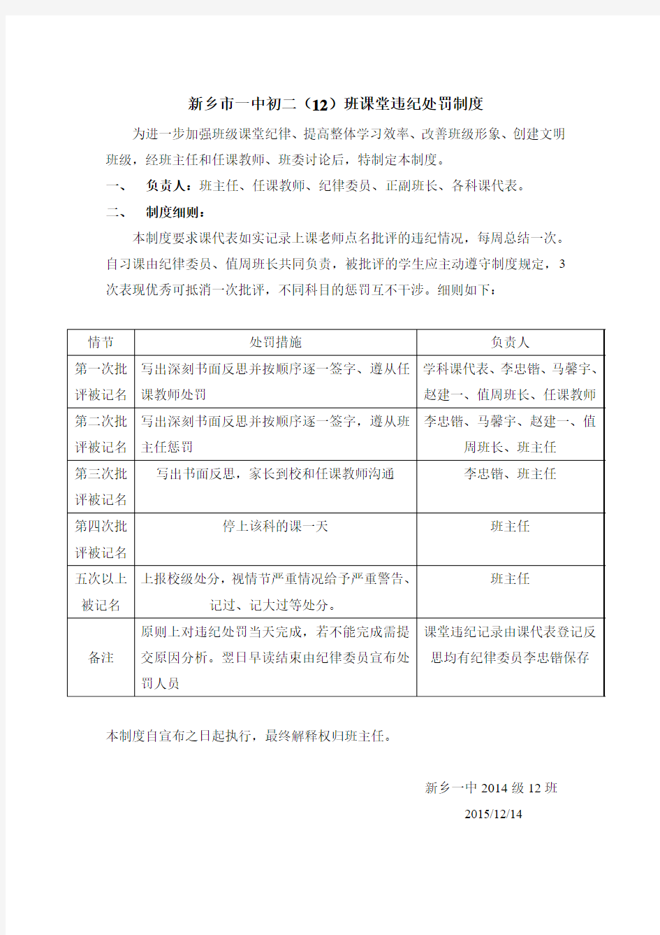 中学班级课堂违纪处罚制度