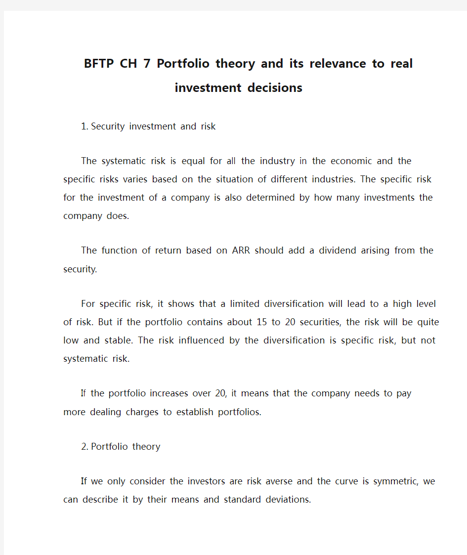 BFTP CH 7 Portfolio theory and its relevance to real investment decisions
