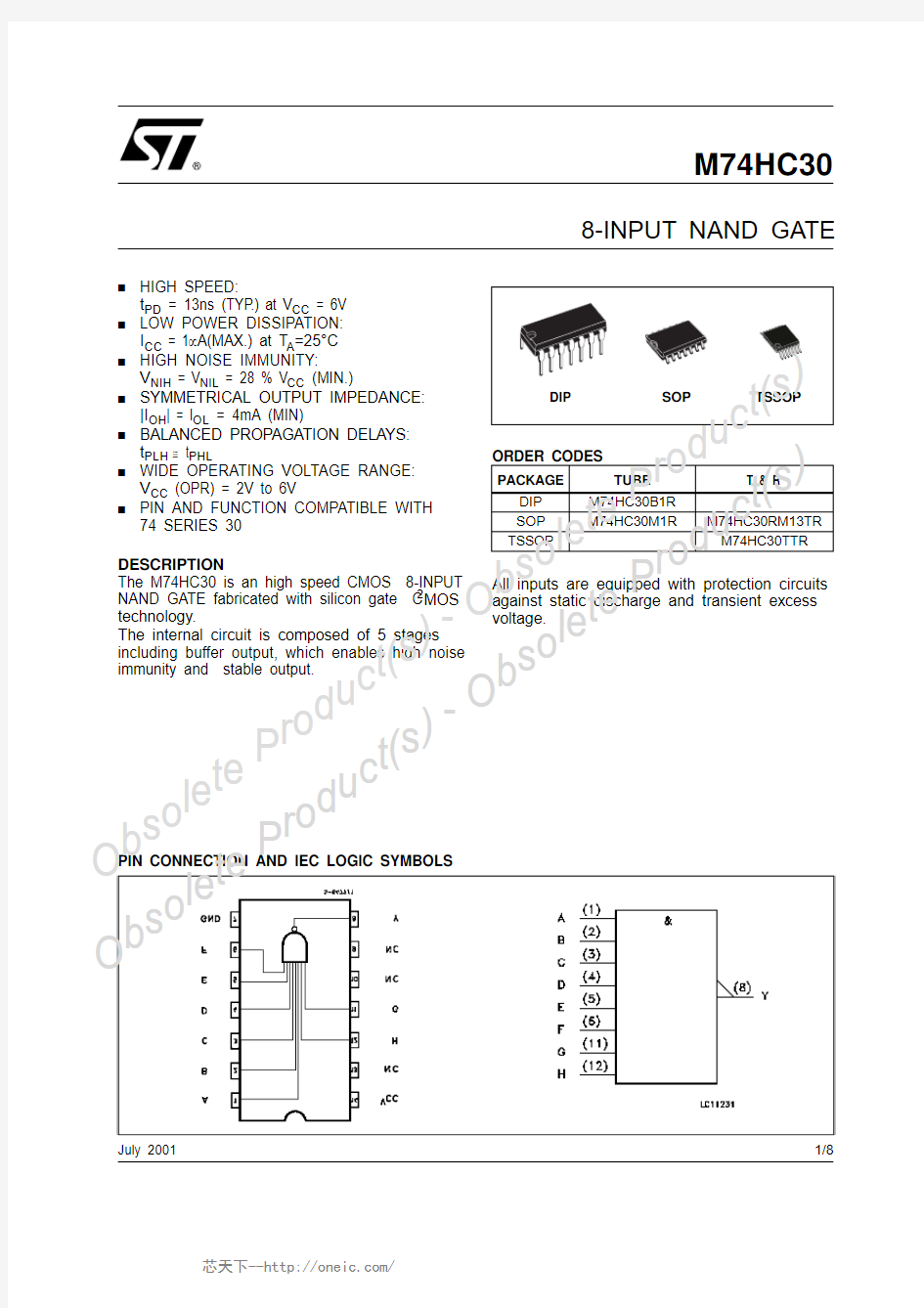 M74HC30B1R,M74HC30B1R, 规格书,Datasheet 资料