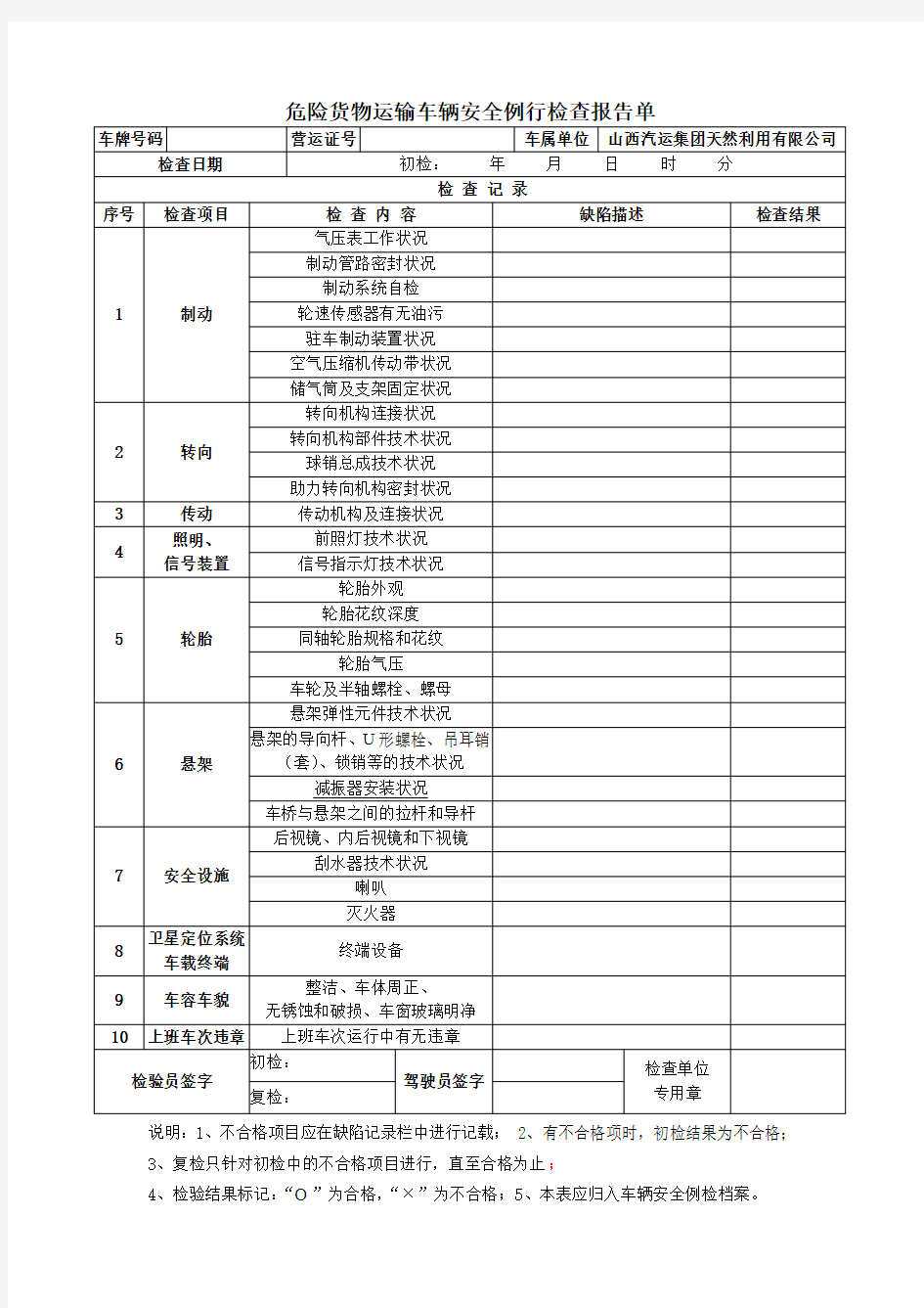 危险货物运输车辆安全例行检查报告单