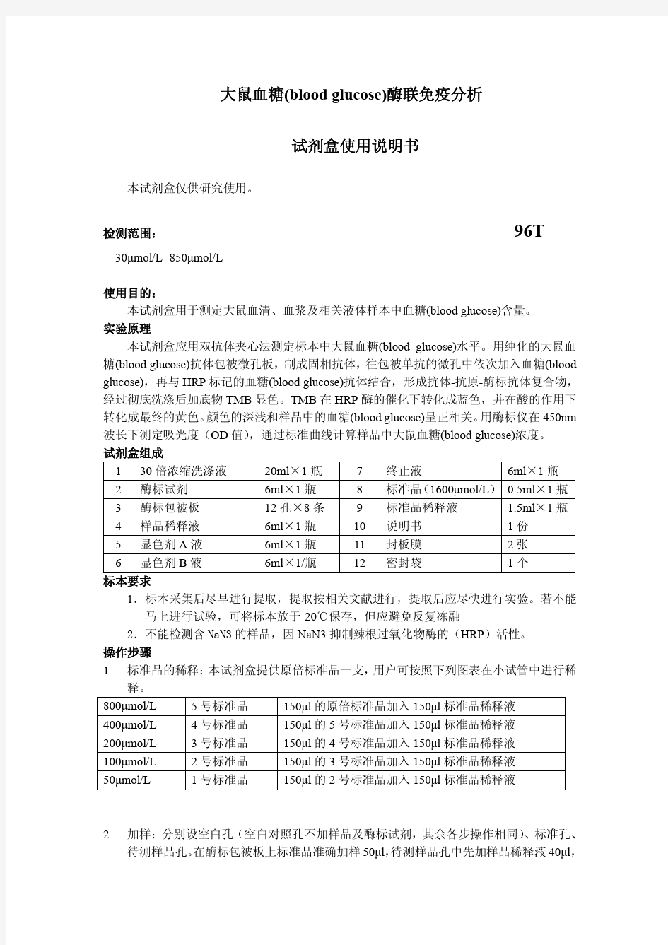 大鼠血糖(blood glucose)说明书