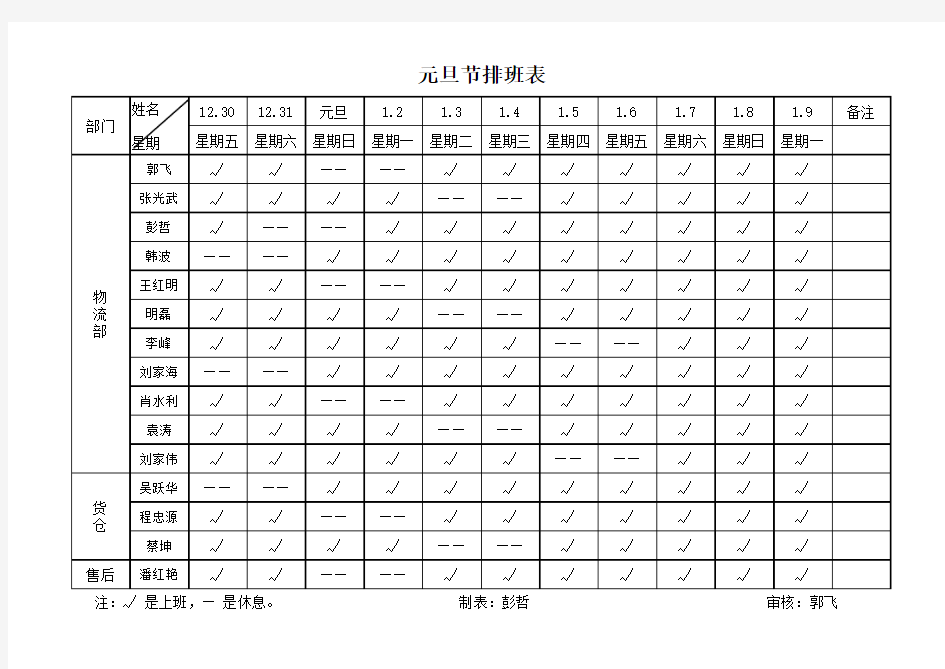 元旦节排休表1