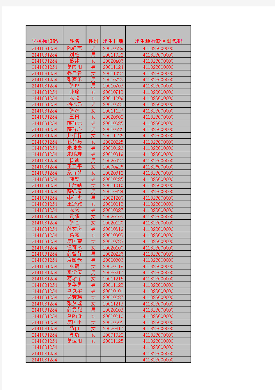 五年级 学生学籍信息输入模板