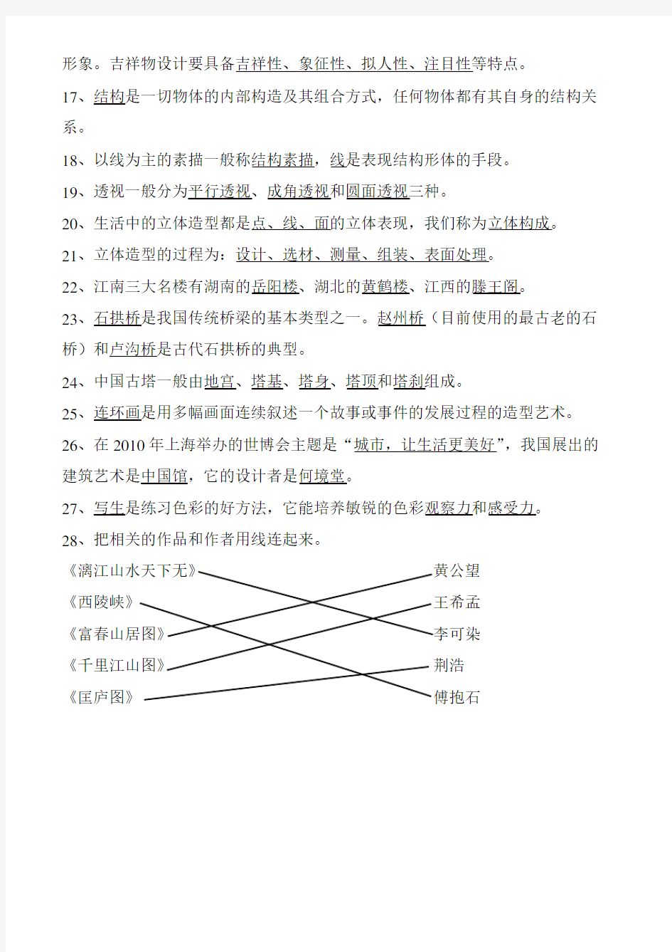 江西版小学美术六年级上册期末试题答案