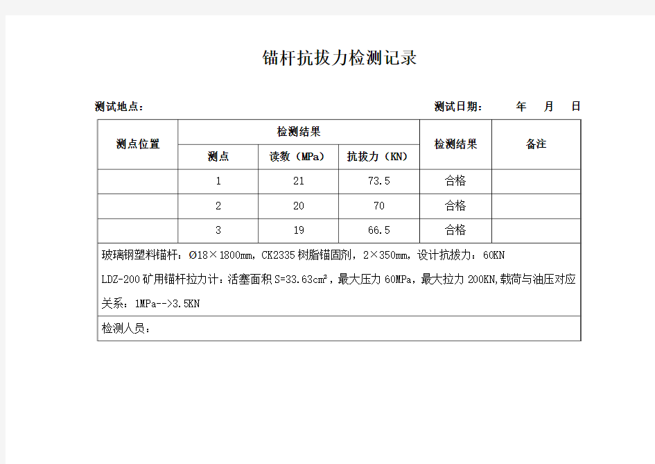 锚杆拉拔力试验记录表