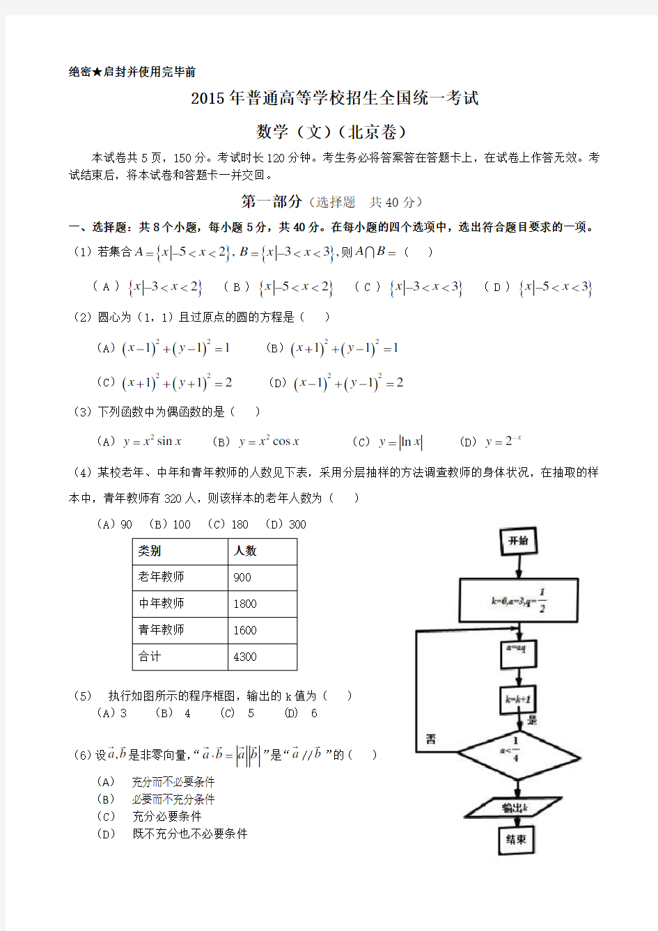 2015年北京高考数学文科试题及答案