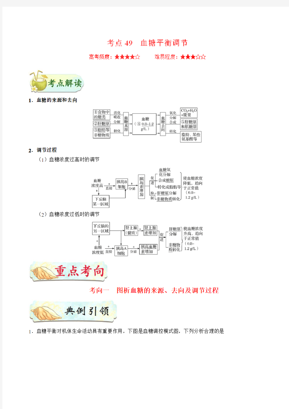 2019届高考生物二轮复习血糖平衡调节学案(适用全国))