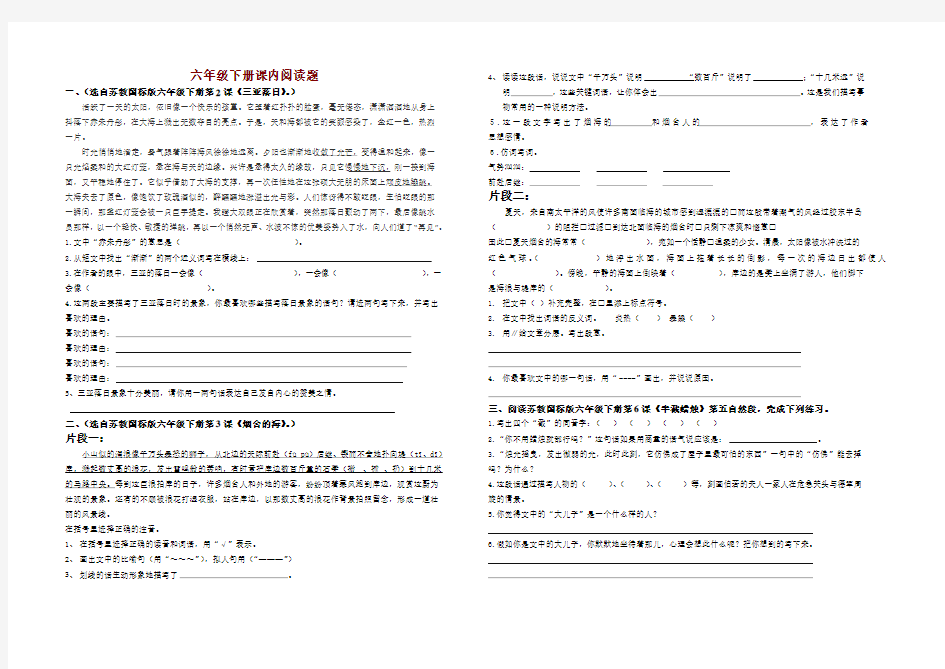 六年级下册课内阅读题