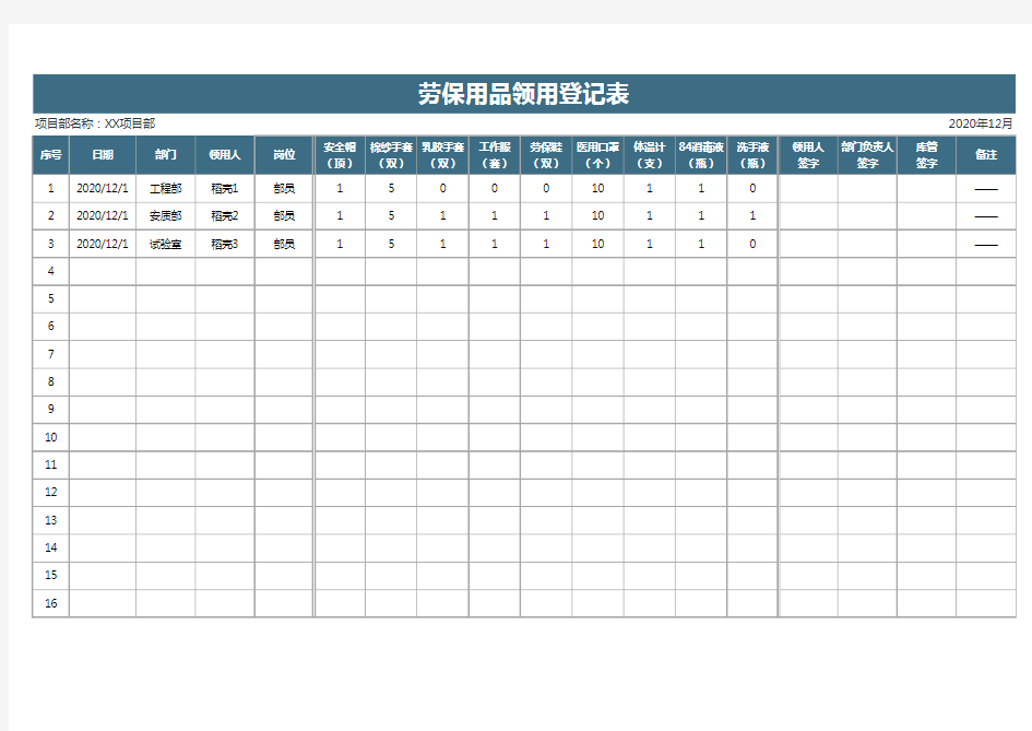 劳保用品领用登记表