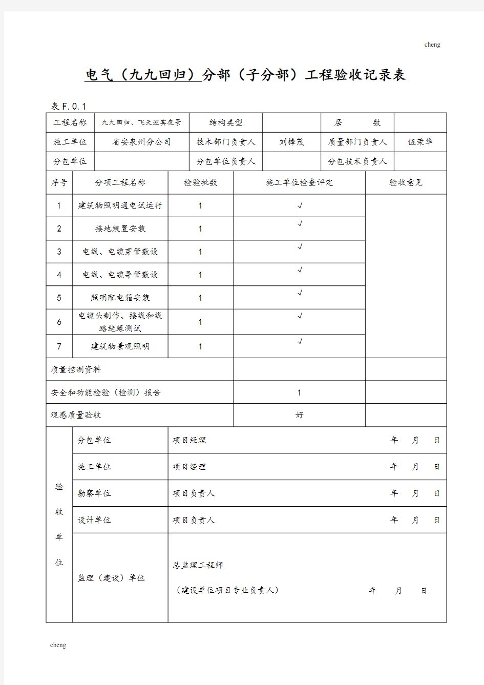 分部工程验收记录表