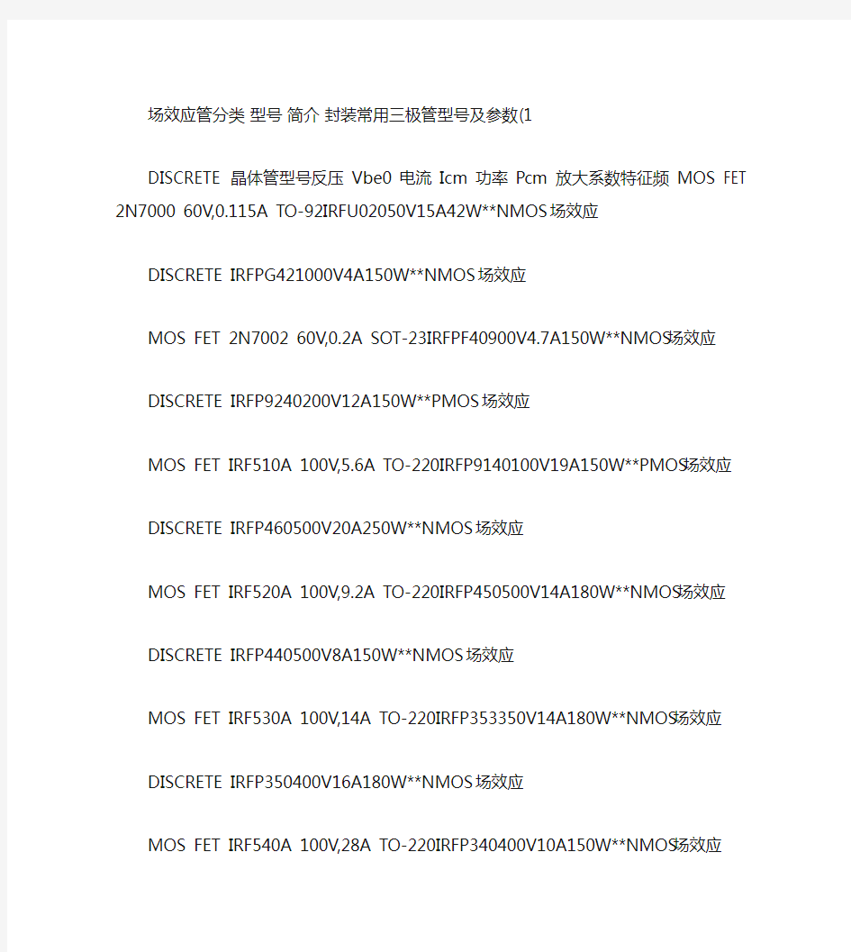 常用全系列场效应管 MOS管型号参数封装资料.