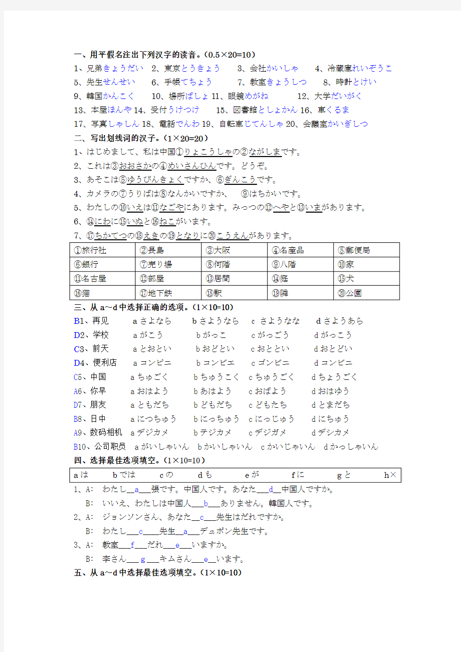 日语初级班第一单元测试题