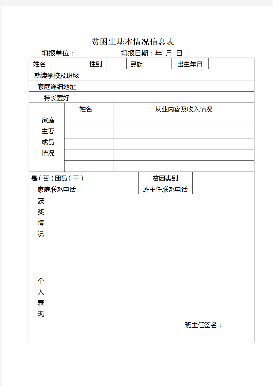 贫困生基本情况信息表