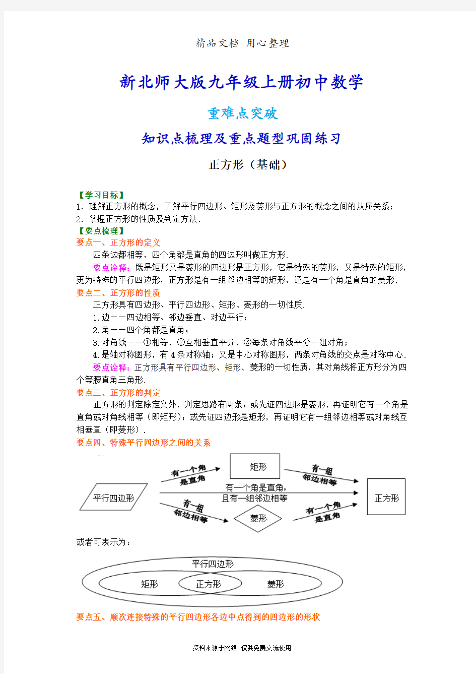 北师大版九年级上册数学[正方形(基础)知识点整理及重点题型梳理]