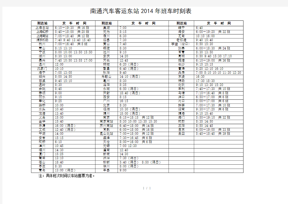 南通汽车客运东站班车时刻表