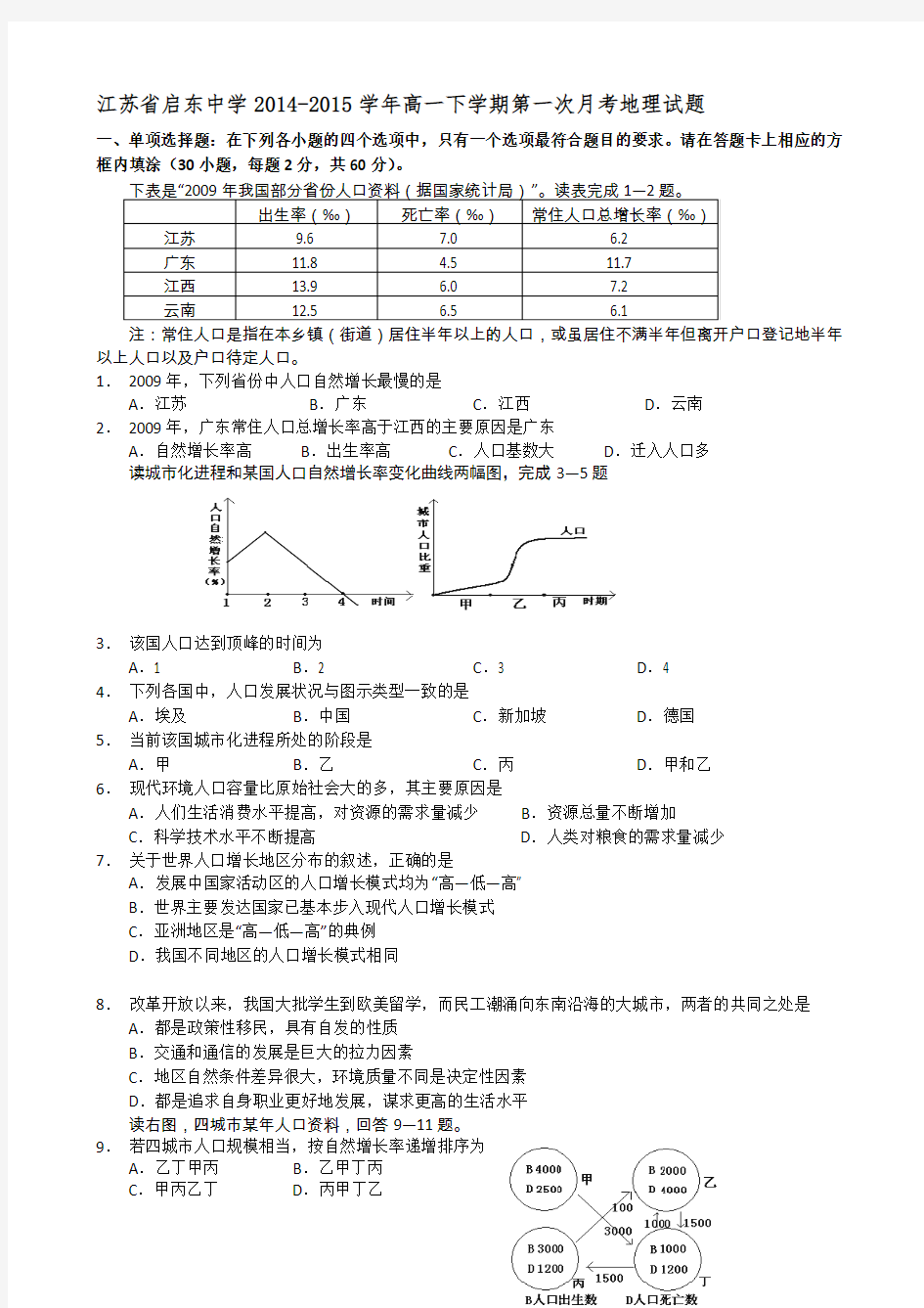 最新江苏省启东中学-学年高一下学期第一次月考地理试题名师精编资料汇编