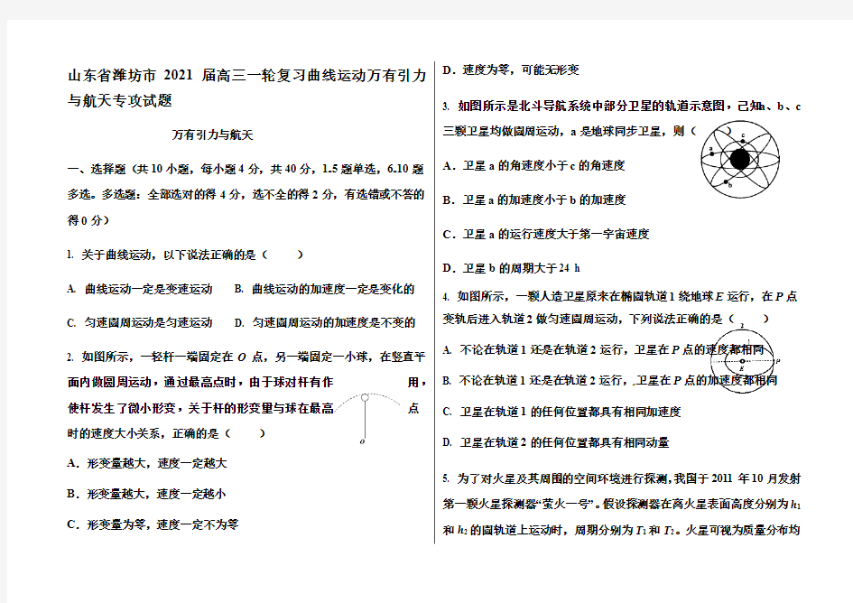 山东省潍坊市2021届高三一轮复习曲线运动万有引力与航天专攻试题(14页)