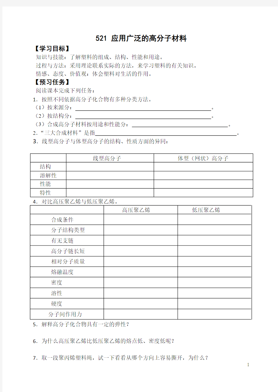 人教版化学选修五预习案：5.2.1 应用广泛的高分子材料