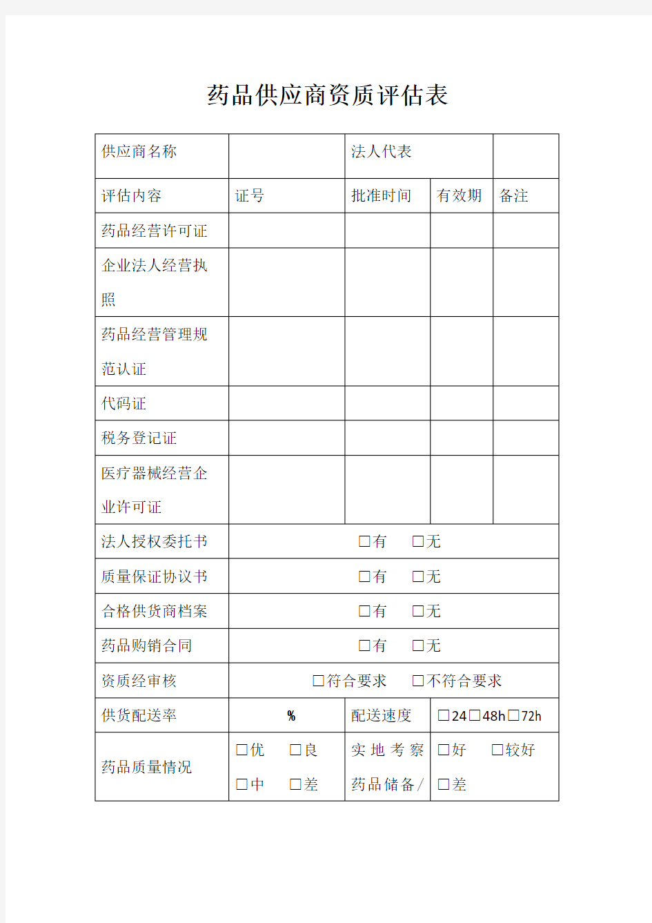 药品供应商资质评估表