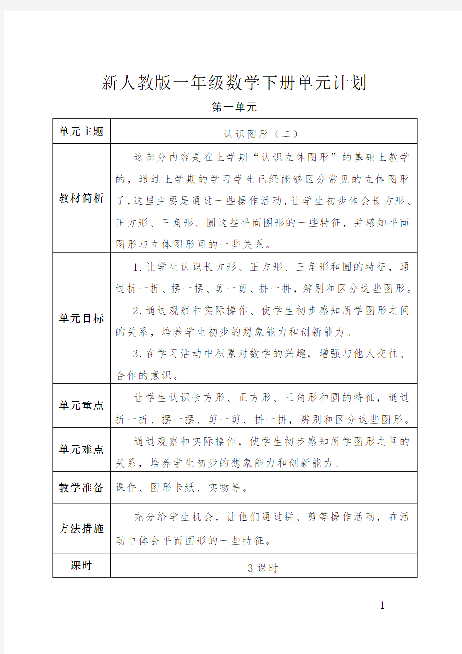 (完整版)人教版数学一年级下册单元教学计划