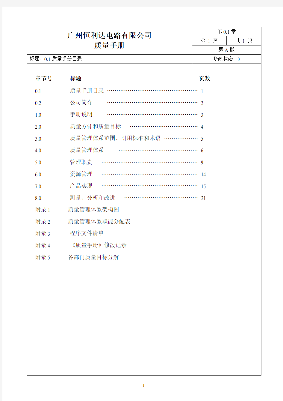 手册大全--广州恒利达电路有限公司质量手册