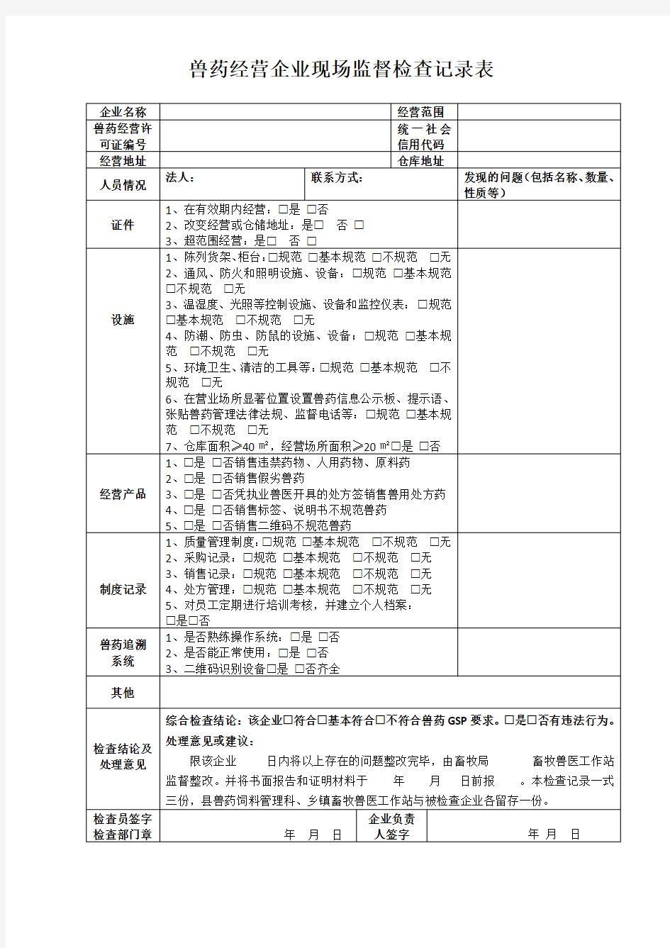 兽药经营企业现场监督检查记录表