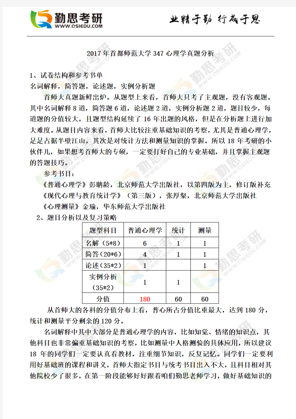 2017年首都师范大学347心理学真题分析