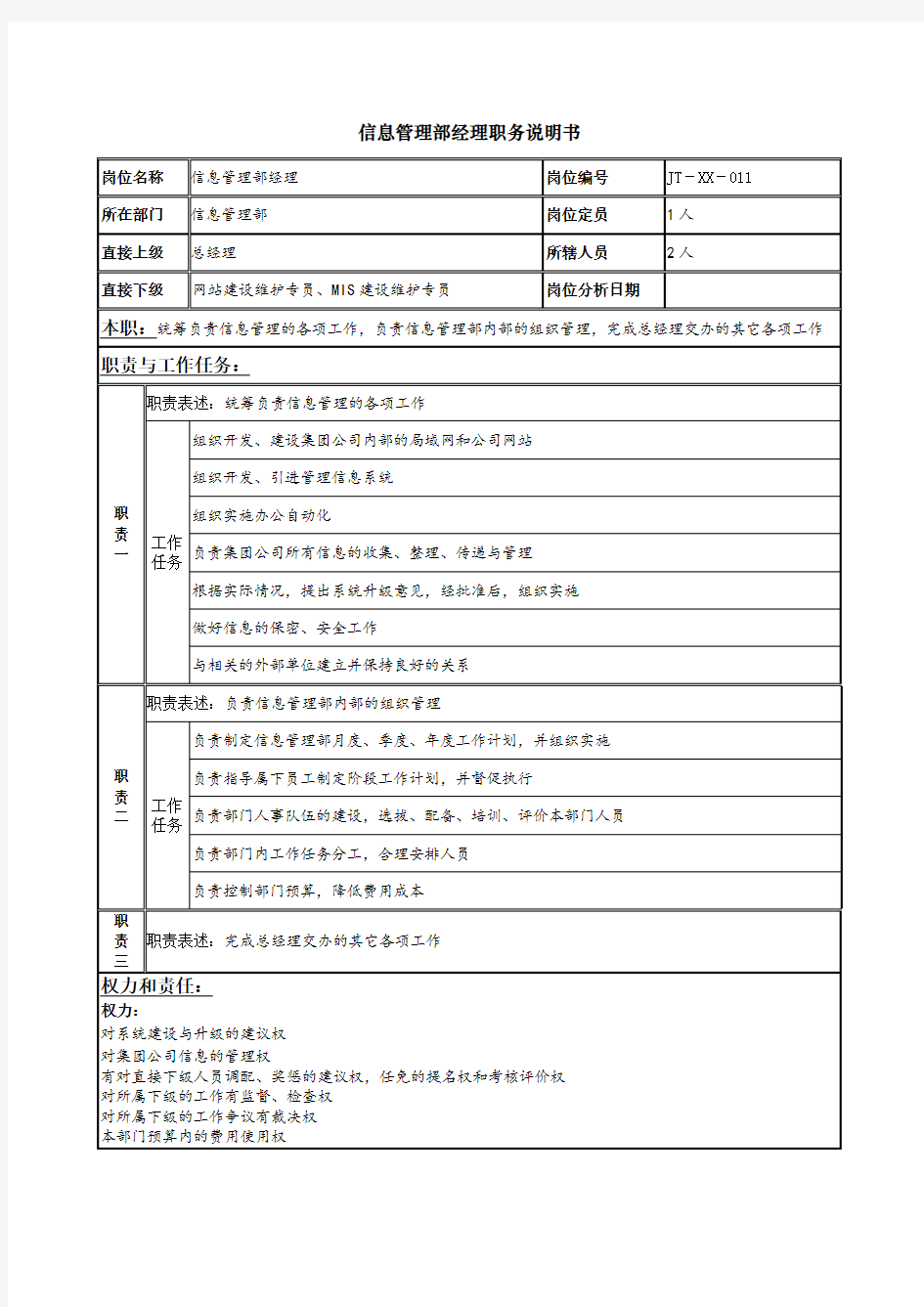 信息管理部经理岗位说明书